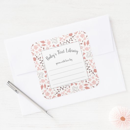 赤面ピンクの植物性の女の子の赤ちゃんシャワーブック スクエアシール (封筒)