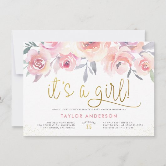 赤面ピンクの水の色のバラその女の子の赤ちゃんシャワー 招待状 (正面)