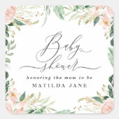 赤面ピンクの水の色のフローラベビーシャワーナプキン スクエアシール (正面)