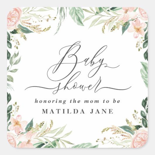 赤面ピンクの水の色のフローラベビーシャワーナプキン スクエアシール (正面)