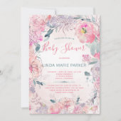 赤面ピンクの水の色の庭のバラベビーシャワー 招待状 (正面)