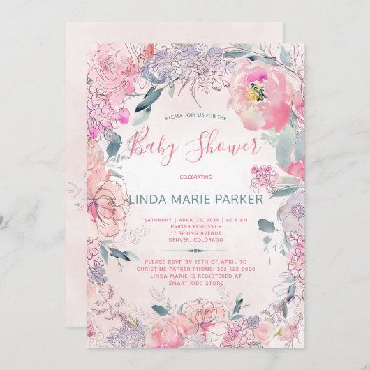 赤面ピンクの水の色の庭のバラベビーシャワー 招待状 (正面/裏面)