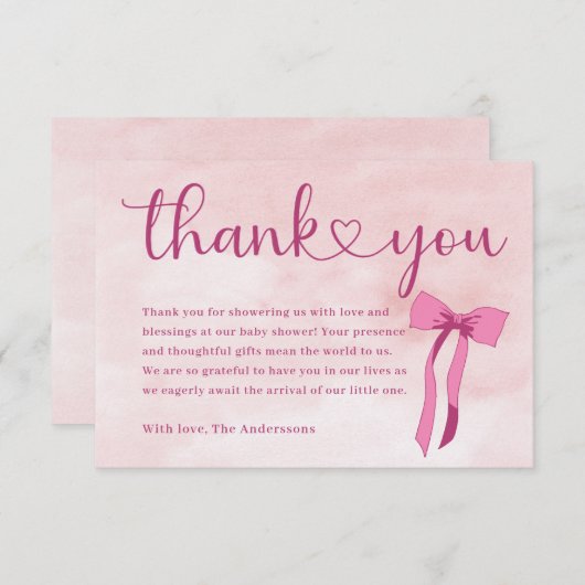 赤面ピンクの水の色の弓の赤ちゃんシャワーありがとう サンキューカード (正面/裏面)