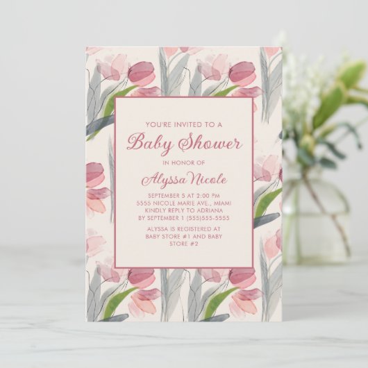 赤面ピンクの水の色の花チューリップ赤ちゃんシャワー 招待状 (スタンド正面)