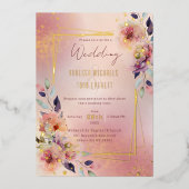 赤面ピンクの水カラーフローラバラ金ゴールドフレーム 箔招待状 (正面)