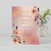 赤面ピンクの水カラーフローラバラ金ゴールドフレーム 箔招待状 (立ち正面)