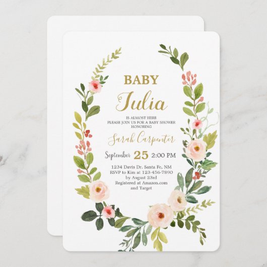 赤面ピンクの水カラーリースベビーシャワー 招待状 (正面/裏面)