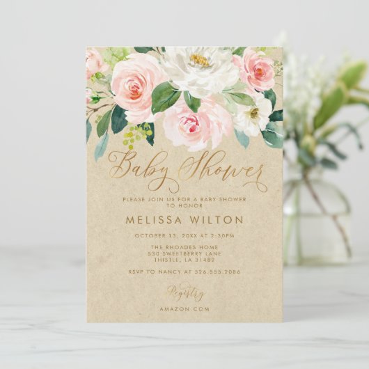赤面ピンクの水彩フローラクラフトベビーシャワー 招待状 (スタンド正面)