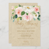 赤面ピンクの水彩フローラクラフトベビーシャワー 招待状 (正面/裏面)