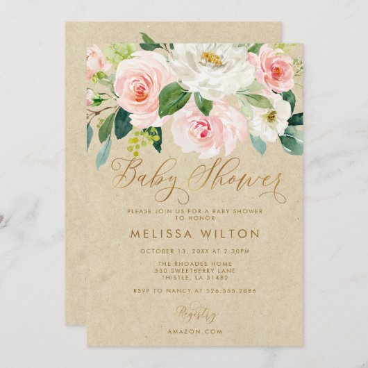 赤面ピンクの水彩フローラクラフトベビーシャワー 招待状 (正面/裏面)