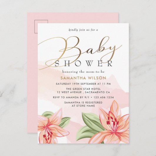 赤面ピンクの水彩フローラベビーシャワー インビテーションポストカード (正面/裏面)