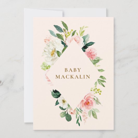 赤面ピンクの水彩フローラ緑のベビーシャワー 招待状 (裏面)