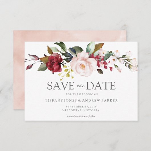 赤面ピンクの水彩花の日付を保存 招待状 (正面/裏面)