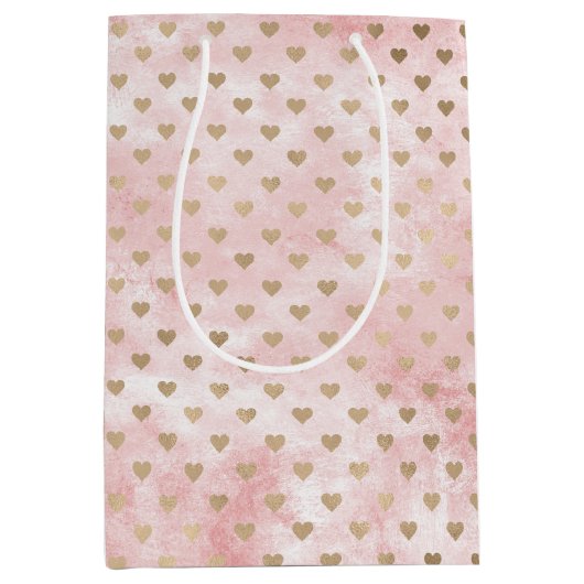 赤面ピンクの水彩金ゴールドハート ミディアムペーパーバッグ (正面)