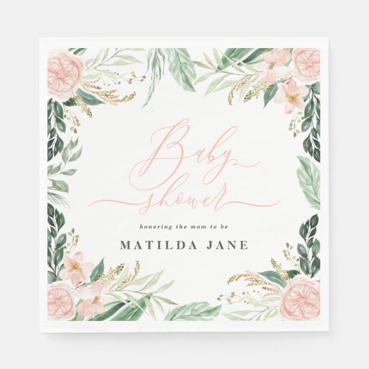 赤面ピンクの水色のフローラベビーシャワー スタンダードランチョンナプキン (正面)