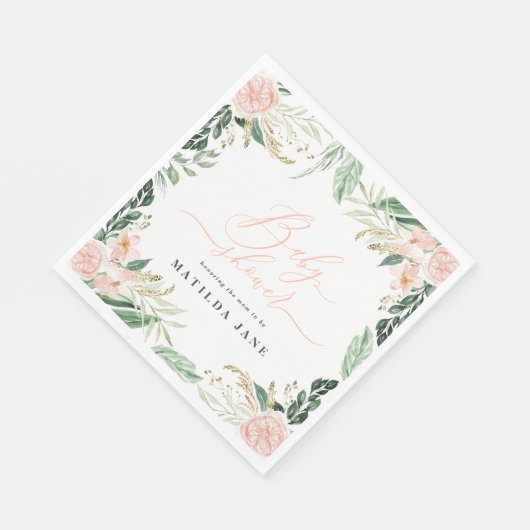 赤面ピンクの水色のフローラベビーシャワー スタンダードランチョンナプキン (角)