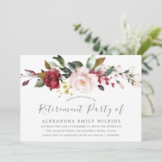 赤面ピンクの水色の花の定年パーティー 招待状 (スタンド正面)