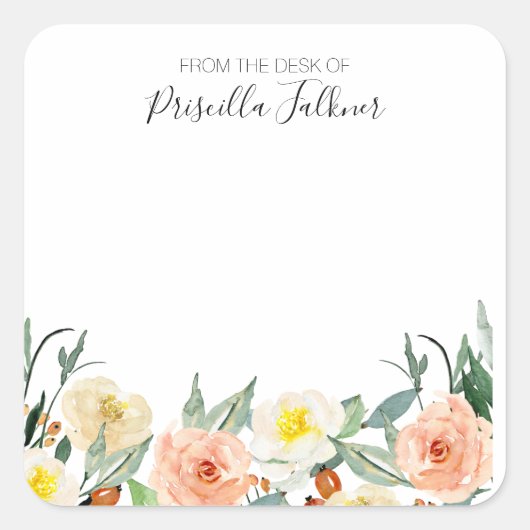 赤面ピンクの水色の花の机から スクエアシール (正面)