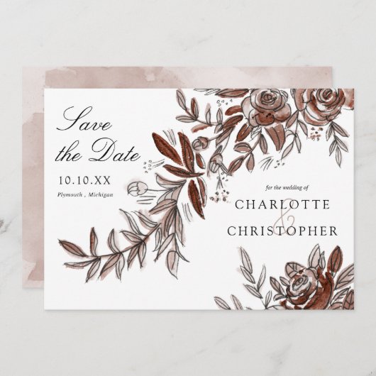 赤面ピンクの水色の花は日付を保存 招待状 (正面/裏面)