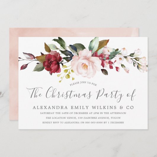赤面ピンクの水色の花クリスマスパーティー 招待状 (正面/裏面)
