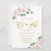 赤面ピンクの水色フローラベビーシャワー女の子 招待状 (正面)