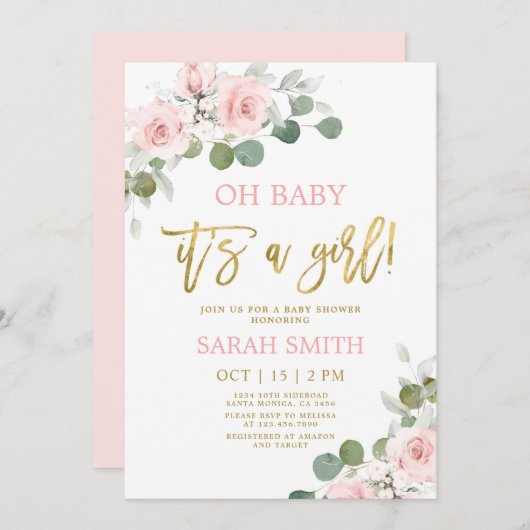 赤面ピンクの水色フローラベビーシャワー女の子 招待状 (正面/裏面)