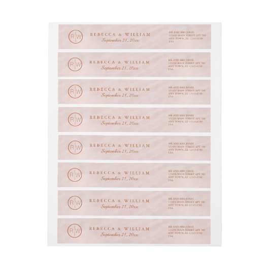 赤面ピンクの水色モノグラム結婚のセット ラップアラウンドラベル (シート)