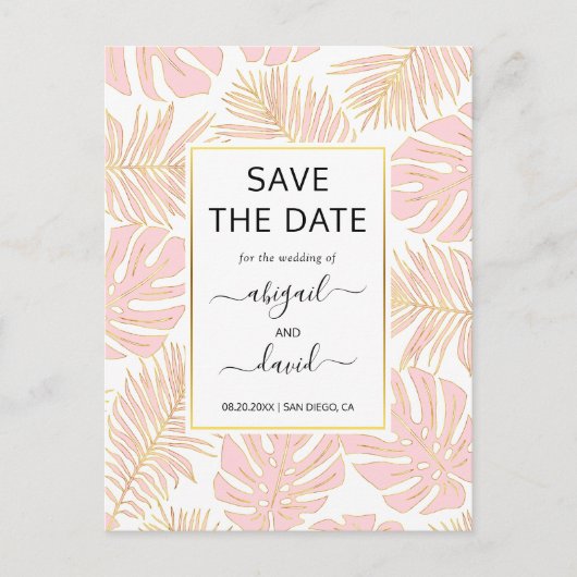 赤面ピンクの熱帯離れの結婚式の日付を保存 案内ポストカード (正面)