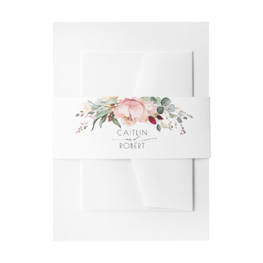 赤面ピンクの牡丹とアーストーンの葉結婚の 招待状ベリーバンド (正面例)