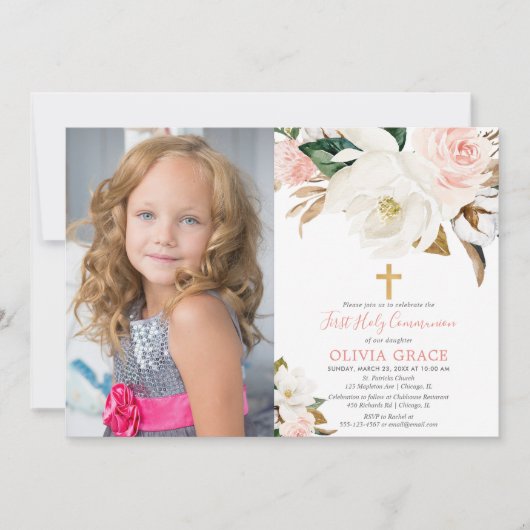 赤面ピンクの白いフローラの田舎のコミュニオン写真 招待状 (正面)