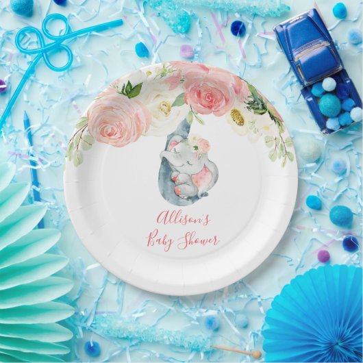 赤面ピンクの白いフローラゾウの赤ちゃんシャワー ペーパープレート (パーティー)