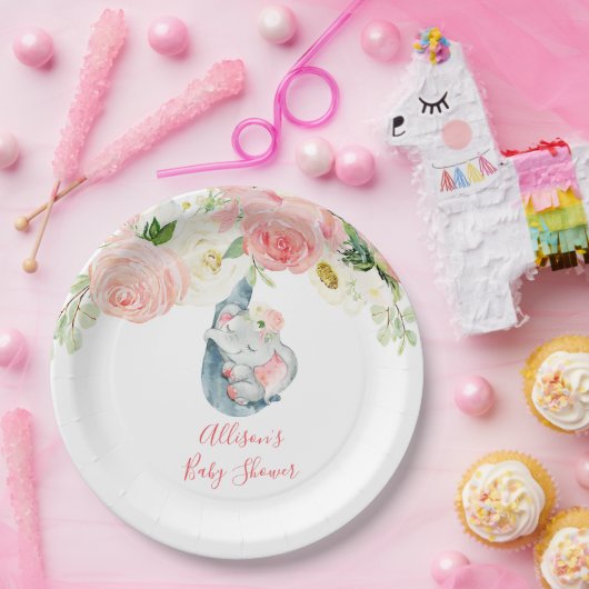 赤面ピンクの白いフローラゾウの赤ちゃんシャワー ペーパープレート (パーティー)