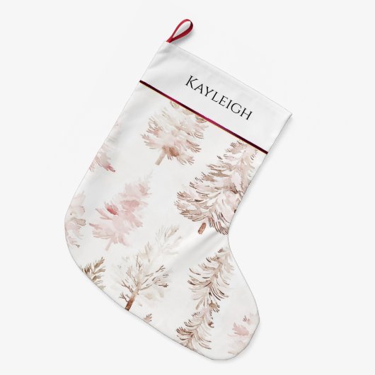 赤面ピンクの白いブルゴーニュストライプーのクリスマスツリー ラージクリスマスストッキング (正面 (吊り時))