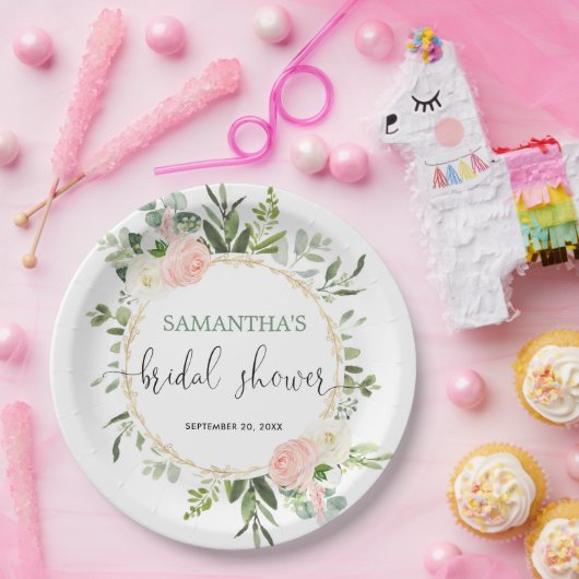 赤面ピンクの白い緑の金ゴールドフローラ エレガント ペーパープレート (パーティー)