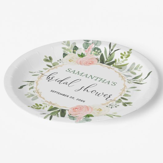 赤面ピンクの白い緑の金ゴールドフローラ エレガント ペーパープレート (アングル)