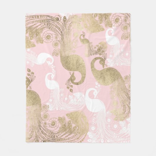 赤面ピンクの白金ゴールド王室のクジャク フリースブランケット (正面)