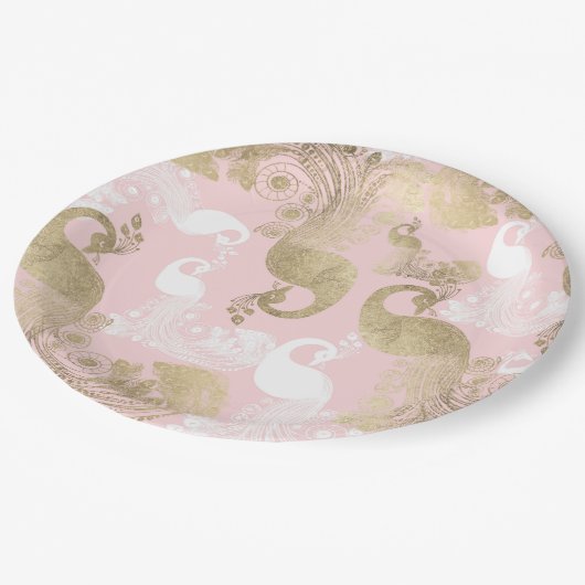 赤面ピンクの白金ゴールド王室のクジャク ペーパープレート (アングル)