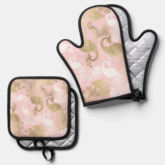 赤面ピンクの白金ゴールド王室のクジャク 鍋つかみ&鍋敷きセット (正面/裏面)
