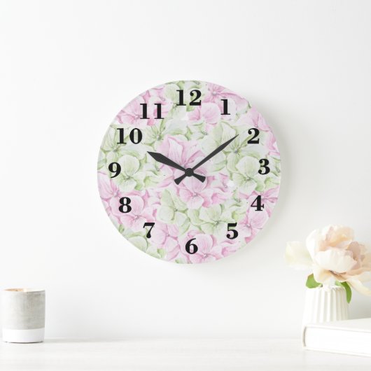 赤面ピンクの緑の水の色の国シックフローラ ラージ壁時計 (ホーム)