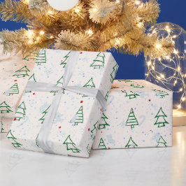 赤面ピンクの緑モダンの幾何学的クリスマスツリー ラッピングペーパー