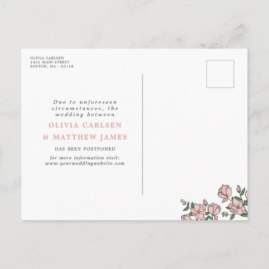 赤面ピンクの花が延期結婚された 案内ポストカード (裏面)