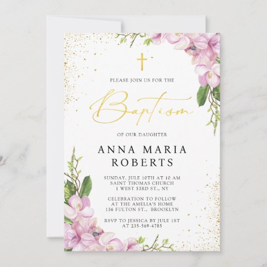赤面ピンクの花とグロスガールのバプテスマ 招待状 (正面)