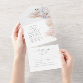 赤面ピンクの花とパンパスグラス結婚ズ オールインワン招待状