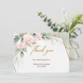 赤面ピンクの花とユーカリと金ゴールド枠 サンキューカード (スタンド正面)