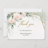 赤面ピンクの花とユーカリと金ゴールド枠 サンキューカード (正面)