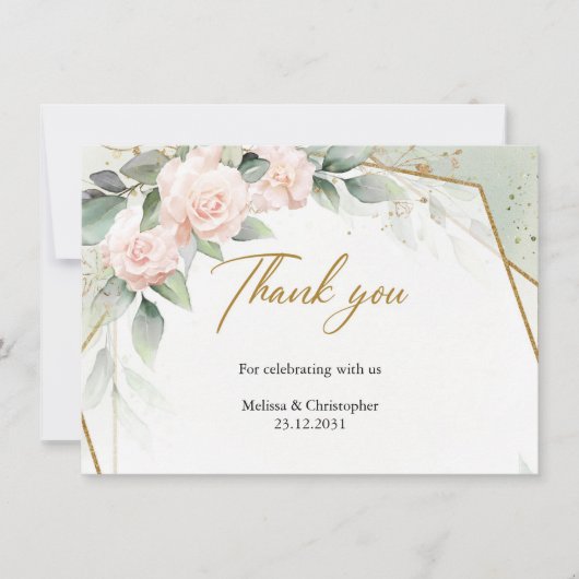 赤面ピンクの花とユーカリと金ゴールド枠 サンキューカード (正面)