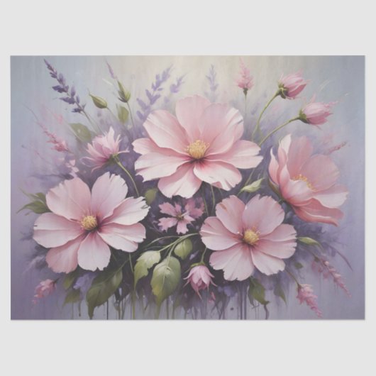 赤面ピンクの花とラベンダーのデコパージュ 薄葉紙 (正面)