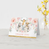 赤面ピンクの花のジャングルで野生動物ありがとう カード (黄色い花)