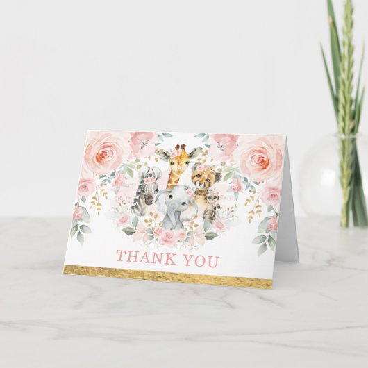 赤面ピンクの花のジャングルで野生動物ありがとう カード (正面)