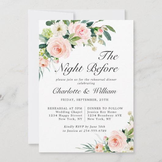 赤面ピンクの花の緑のリハーサルディナー 招待状 (正面)